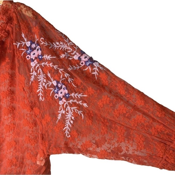 Free People Jubilee Red Embroidered Floral Mesh Oversized Top Womens Size XS - Picture 13 of 16